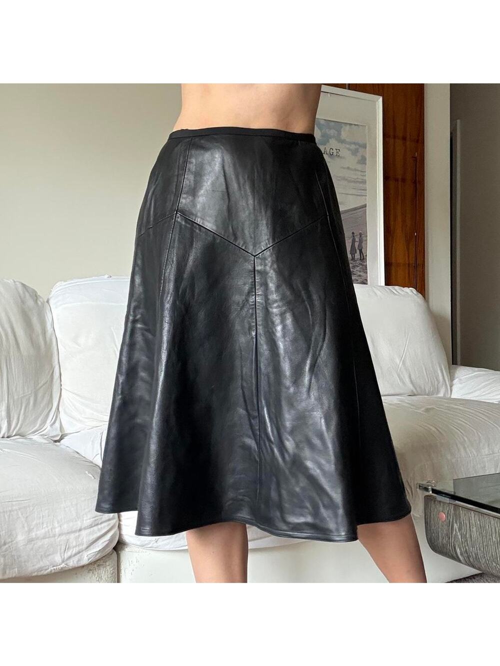 Black leather aline midi skirt 100% real leather
